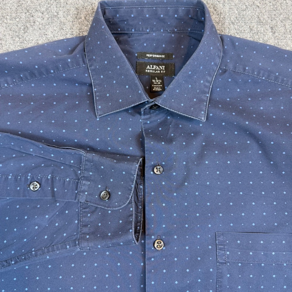 Alfani Performance Mens Large Regular Fit Navy Blue Geometric Print Button Down